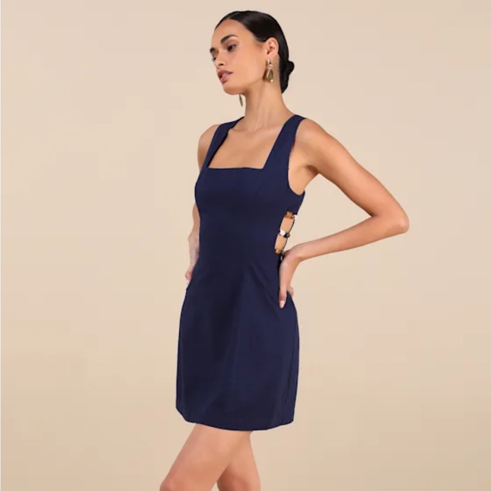 Lulus Pollie Navy Beaded Linen Sleeveless Mini Dress Blue - Size M